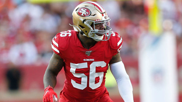 SANTA CLARA, CA - OCTOBER 7: Kwon Alexander #56 of the San Francisco 49ers defends during the game against the Cleveland Browns at Levi's Stadium on October 7, 2019 in Santa Clara, California. The 49ers defeated the Rams 31-3.