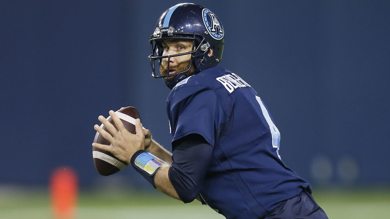 TORONTO, ON - AUGUST 16: McLeod Bethel-Thompson #4 of the Toronto Argonauts looks to pass against the Edmonton Eskimos at BMO Field on August 16, 2019 in Toronto, Canada.