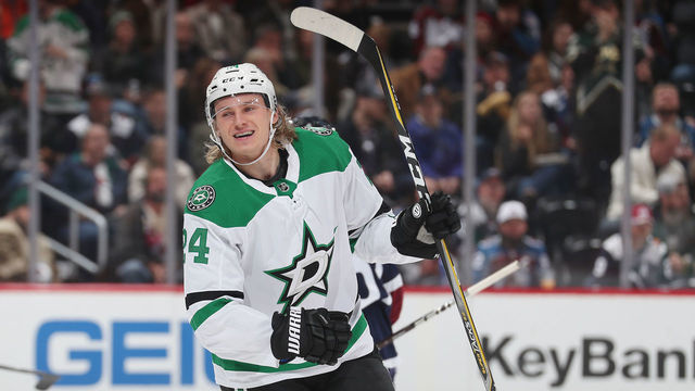 DENVER, COLORADO - NOVEMBER 01: Roope Hintz #24 of the Dallas Stars celebrates after scoring his second goal of the night against the Colorado Avalanche at Pepsi Center on November 01, 2019 in Denver, Colorado.