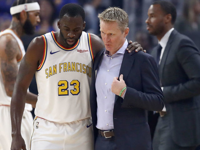 SAN FRANCISCO, CALIFORNIA - NOVEMBER 01: Draymond Green #23 of the Golden State Warriors talks to head coach Steve Kerr during their game against the San Antonio Spurs at Chase Center on November 01, 2019 in San Francisco, California.