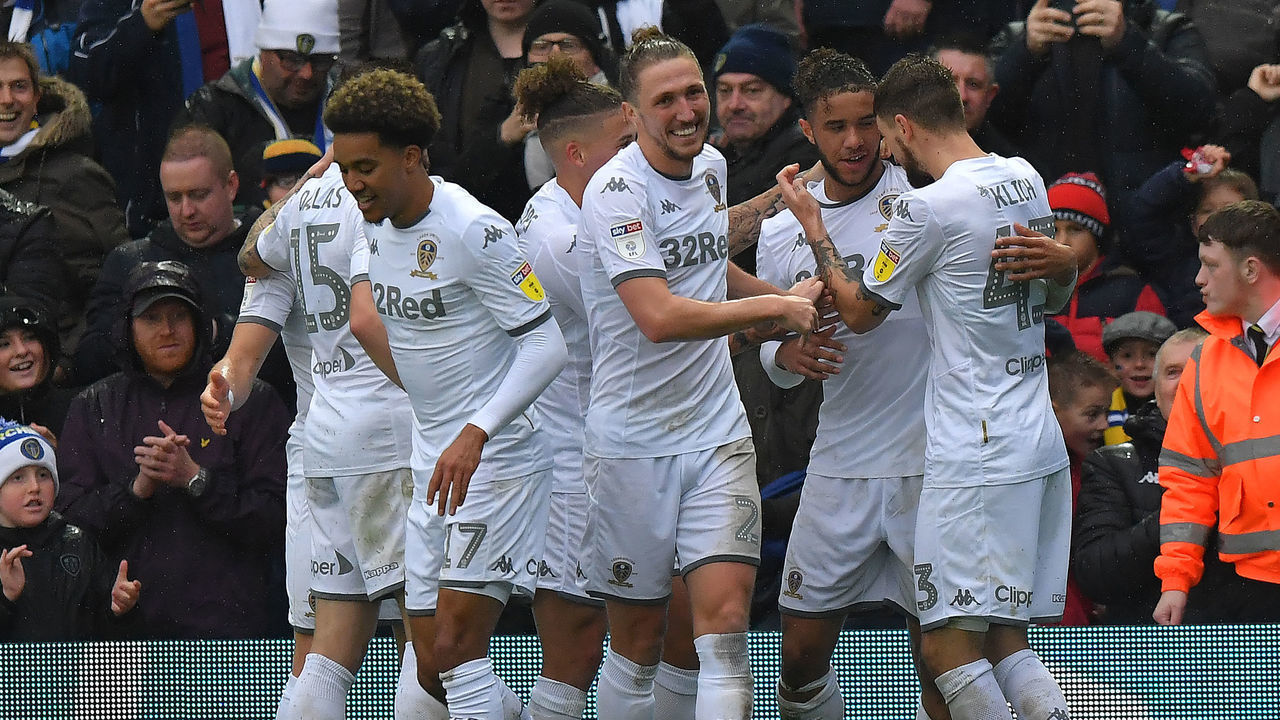 Leeds United's Tyler Roberts celebrates scoring his teams opening goal during the Sky Bet Championship match at Elland Road, Leeds.