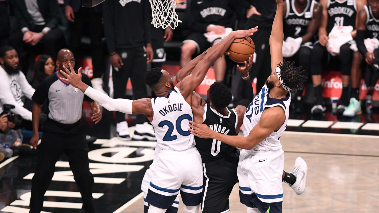 NEW YORK, NY - OCTOBER 23: Josh Okogie #20 of the Minnesota Timberwolves blocks a shot by David Nwaba #0 of the Brooklyn Nets during the game at Barclays Center on October 23, 2019 in the Brooklyn borough of New York City.