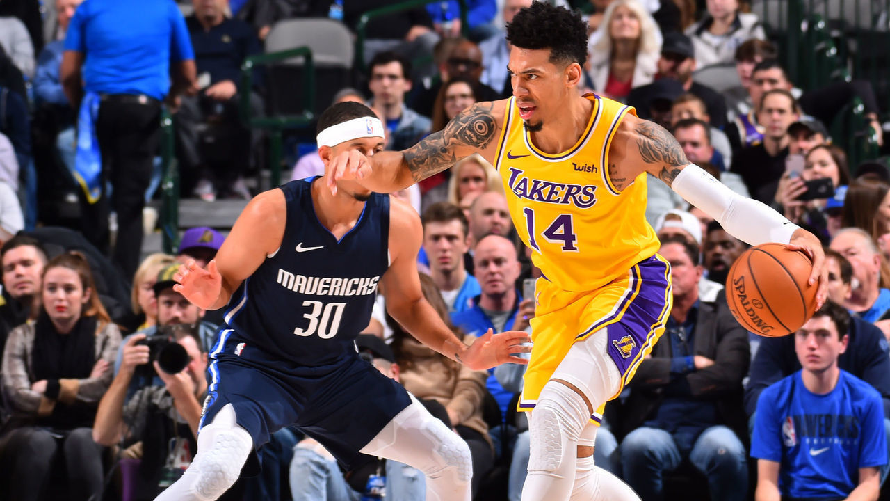 DALLAS, TX - NOVEMBER 1: Danny Green #14 of the Los Angeles Lakers handles the ball against the Dallas Mavericks on November 1, 2019 at the American Airlines Center in Dallas, Texas. NOTE TO USER: User expressly acknowledges and agrees that, by downloading and/or using this Photograph, user is consenting to the terms and conditions of the Getty Images License Agreement. Mandatory Copyright Notice: Copyright 2019 NBAE