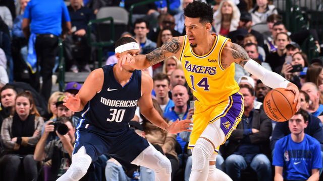 DALLAS, TX - NOVEMBER 1: Danny Green #14 of the Los Angeles Lakers handles the ball against the Dallas Mavericks on November 1, 2019 at the American Airlines Center in Dallas, Texas. NOTE TO USER: User expressly acknowledges and agrees that, by downloading and/or using this Photograph, user is consenting to the terms and conditions of the Getty Images License Agreement. Mandatory Copyright Notice: Copyright 2019 NBAE