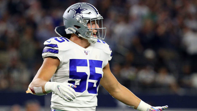 ARLINGTON, TEXAS - OCTOBER 20: Leighton Vander Esch #55 of the Dallas Cowboys celebrates a play in the first quarter against the Philadelphia Eagles at AT&T Stadium on October 20, 2019 in Arlington, Texas.