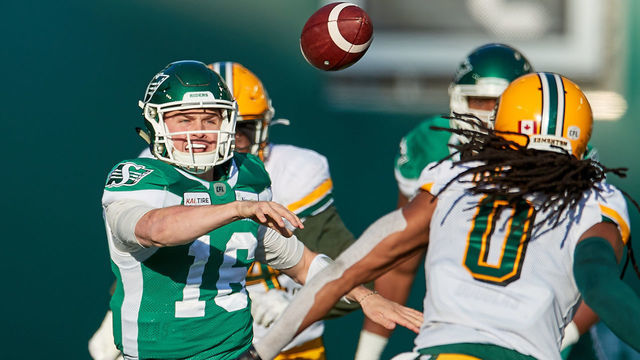 REGINA, SK - NOVEMBER 02: Isaac Harker #16 of the Saskatchewan Roughriders slings a pass sidearm in the first half of the game between the Edmonton Eskimos and Saskatchewan Roughriders at Mosaic Stadium on November 2, 2019 in Regina, Canada.