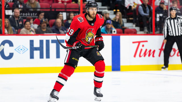 OTTAWA, ON - OCTOBER 23: Ottawa Senators right wing Scott Sabourin (49) applies pressure on the forecheck during first period National Hockey League action between the Detroit Red Wings and Ottawa Senators on October 23, 2019, at Canadian Tire Centre in Ottawa, ON, Canada.