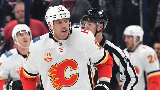 COLUMBUS, OH - NOVEMBER 2: Milan Lucic #17 of the Calgary Flames skates to the penalty box after receiving a double minor penalty for roughing during the second period of a game against the Columbus Blue Jackets on November 2, 2019 at Nationwide Arena in Columbus, Ohio.
