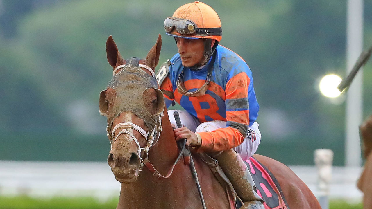 HEMPSTEAD, NY - JUNE 09: Vino Rosso ridden by Jockey John Velazquez. after the 150th Belmont Stakes on June 9, 2018 at Belmont Park in Hempstead, NY.