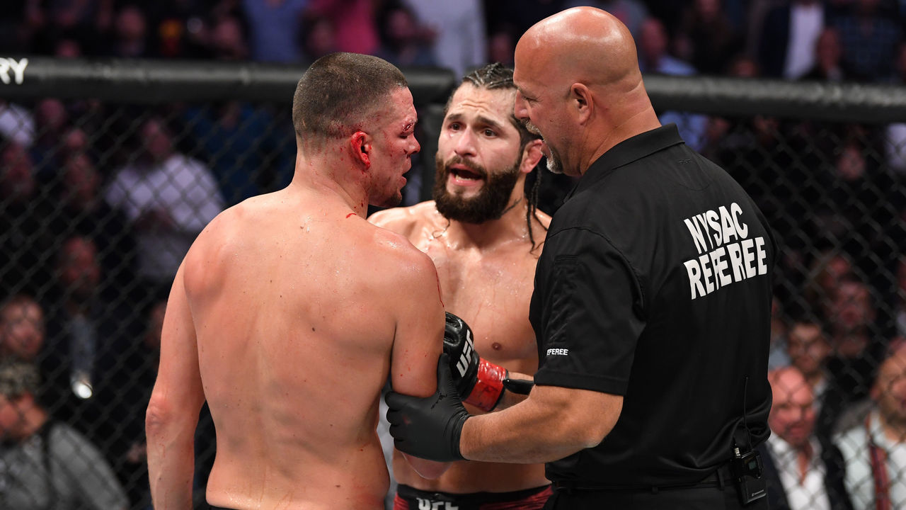NEW YORK, NEW YORK - NOVEMBER 02: (R-L) Jorge Masvidal and Nate Diaz interact after the doctor's stoppage in their welterweight bout for the BMF title during the UFC 244 event at Madison Square Garden on November 02, 2019 in New York City.