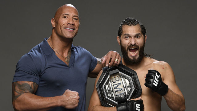 NEW YORK, NEW YORK - NOVEMBER 02: (R-L) Jorge Masvidal and Dwayne 'The Rock' Johnson pose for a portrait backstage during the UFC 244 event at Madison Square Garden on November 02, 2019 in New York City.