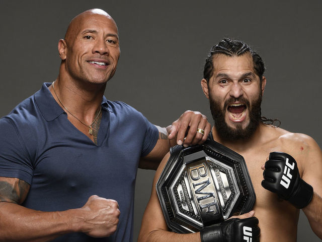 NEW YORK, NEW YORK - NOVEMBER 02: (R-L) Jorge Masvidal and Dwayne 'The Rock' Johnson pose for a portrait backstage during the UFC 244 event at Madison Square Garden on November 02, 2019 in New York City.