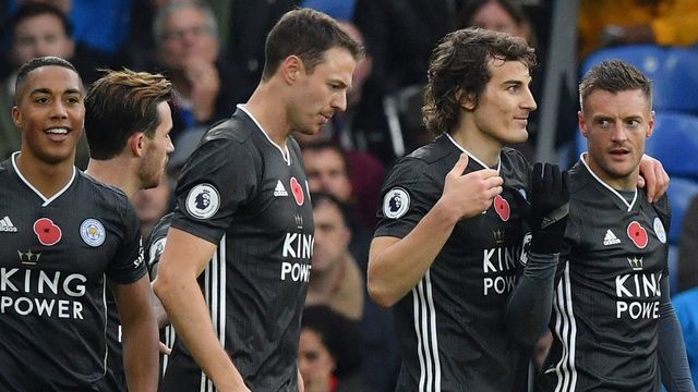 Leicester City's English striker Jamie Vardy (R) celebrates scoring his team's second goal with Leicester City's Turkish defender Caglar Soyuncu (2R) during the English Premier League football match between Crystal Palace and Leicester City at Selhurst Park in south London on November 3, 2019. - Leicester won the match 2-0.