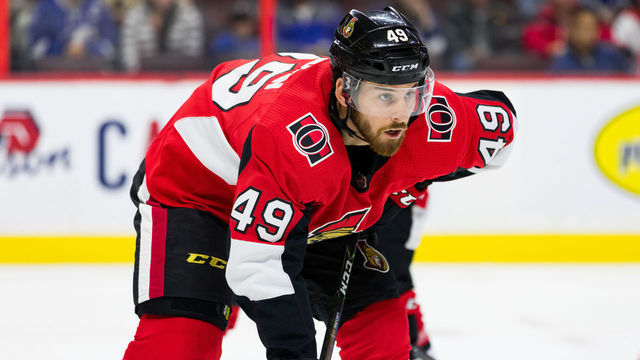 OTTAWA, ON - OCTOBER 12: Ottawa Senators Right Wing Scott Sabourin (49) prepares for a face-off during first period National Hockey League action between the Tampa Bay Lightning and Ottawa Senators on October 12, 2019, at Canadian Tire Centre in Ottawa, ON, Canada.