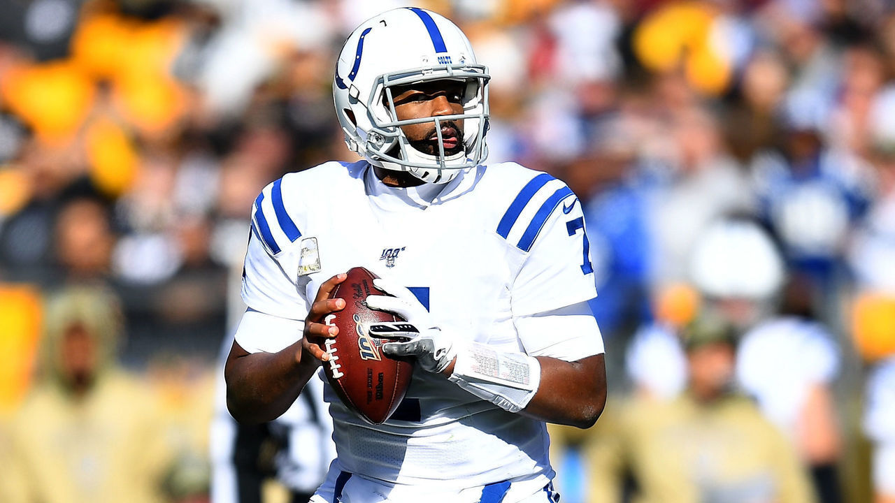 PITTSBURGH, PA - NOVEMBER 03: Jacoby Brissett #7 of the Indianapolis Colts looks to pass during the first quarter against the Pittsburgh Steelers at Heinz Field on November 3, 2019 in Pittsburgh, Pennsylvania.