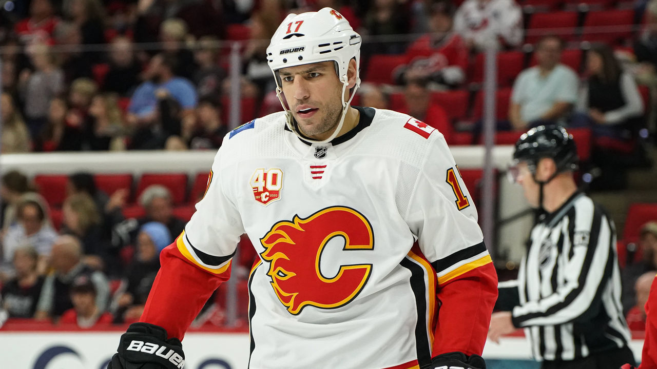RALEIGH, NC - OCTOBER 29: Calgary Flames Left Wing Milan Lucic (17) skates during a timeout during a game between the Calgary Flames and the Carolina Hurricanes at the PNC Arena in Raleigh, NC on October 29, 2019.