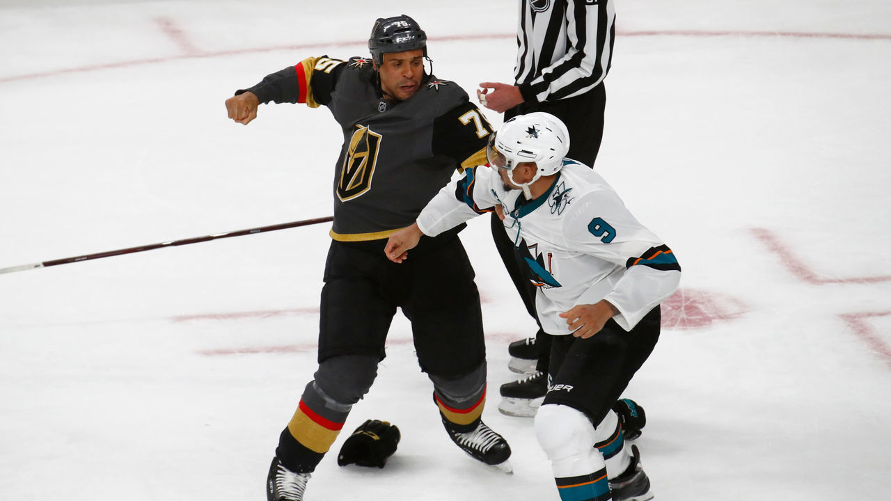 LAS VEGAS, NV - APRIL 14: Ryan Reaves (75) of the Vegas Golden Knights fights Evander Kane (9) of the San Jose Sharks during a Stanley Cup Playoffs first round game between the San Jose Sharks and the Vegas Golden Knights on April 14, 2019 at T-Mobile Arena in Las Vegas, Nevada.