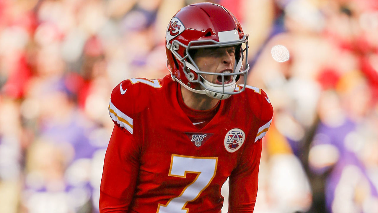 KANSAS CITY, MO - NOVEMBER 03: Harrison Butker #7 of the Kansas City Chiefs celebrates his 54-yard field goal in the fourth quarter against the Minnesota Vikings at Arrowhead Stadium on November 3, 2019 in Kansas City, Missouri. Butker made a later kick to win the game and the Chiefs won, 26-23.