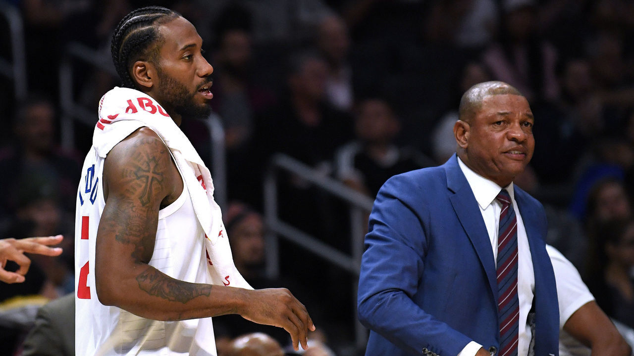 LOS ANGELES, CALIFORNIA - OCTOBER 10: Kawhi Leonard #2 and Doc Rivers of the LA Clippers during a 111-91 Denver Nuggets preseason win at Staples Center on October 10, 2019 in Los Angeles, California.