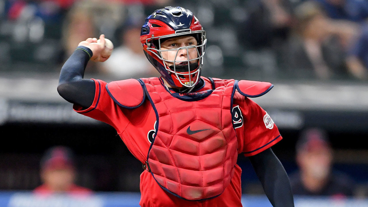 CLEVELAND, OHIO - SEPTEMBER 19: Catcher Roberto Perez #55 of the Cleveland Indians throws to first after Jeimer Candelario #46 of the Detroit Tigers struck out swinging to end the top of the eighth inning at Progressive Field on September 19, 2019 in Cleveland, Ohio.