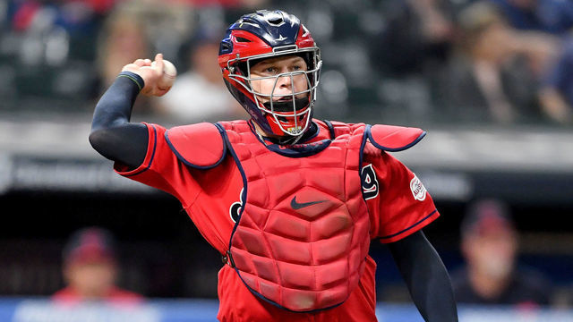 CLEVELAND, OHIO - SEPTEMBER 19: Catcher Roberto Perez #55 of the Cleveland Indians throws to first after Jeimer Candelario #46 of the Detroit Tigers struck out swinging to end the top of the eighth inning at Progressive Field on September 19, 2019 in Cleveland, Ohio.