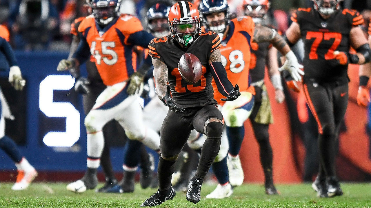 DENVER, CO - NOVEMBER 3: Odell Beckham #13 of the Cleveland Browns bobbles the ball before catching it for a first down in the fourth quarter of a game against the Denver Broncos at Empower Field at Mile High on November 3, 2019 in Denver, Colorado.