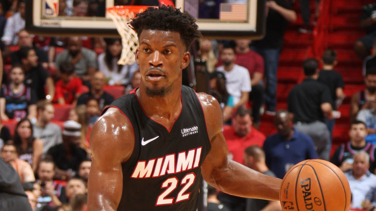 MIAMI, FL - NOVEMBER 3 : Jimmy Butler #22 of the Miami Heat handles the ball against the Houston Rockets on November 3, 2019 at American Airlines Arena in Miami, Florida. Mandatory Copyright Notice: Copyright 2019 NBAE