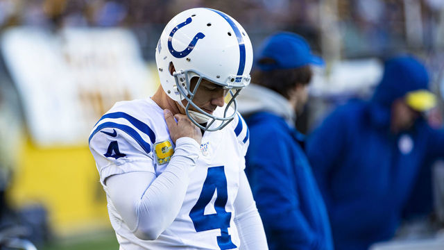 PITTSBURGH, PA - NOVEMBER 03: Indianapolis Colts kicker Adam Vinatieri (4) looks on during the NFL football game between the Indianapolis Colts and the Pittsburgh Steelers on November 03, 2019 at Heinz Field in Pittsburgh, PA.