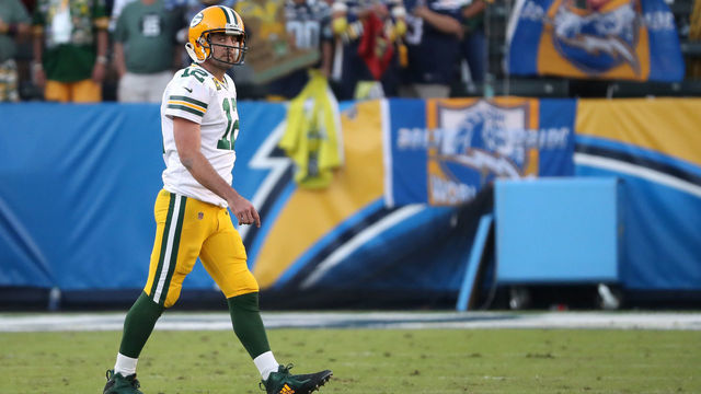 CARSON, CALIFORNIA - NOVEMBER 03: Aaron Rodgers #12 of the Green Bay Packers walks off the field after turning the ball over on downs during the fourth quarter of a game against the Los Angeles Chargers at Dignity Health Sports Park on November 03, 2019 in Carson, California. The Los Angeles Chargers defeated the Green Bay Packers 26-11.