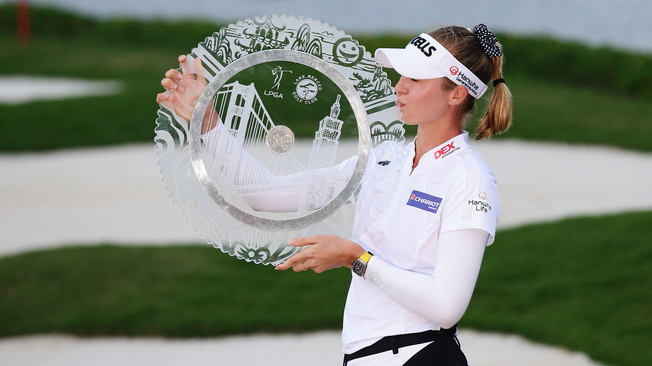 NEW TAIPEI CITY, TAIWAN - NOVEMBER 03: Nelly Korda of United States of America poses for a photo with the trophy after winning the Taiwan Swinging Skirts LPGA Presented By CTBC at Miramar Golf Country Club on November 3, 2019 in New Taipei City, Taiwan.