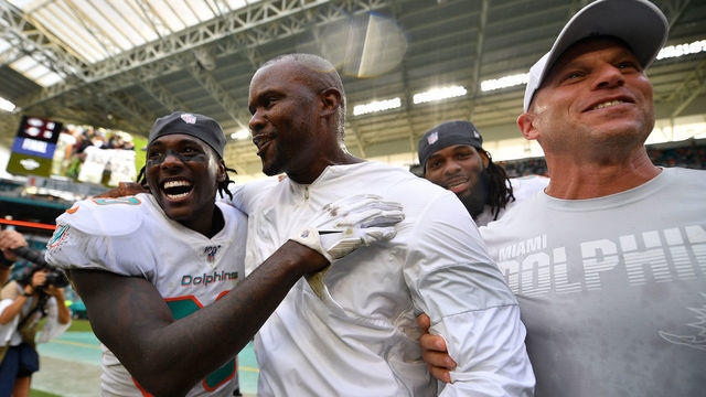MIAMI, FLORIDA - NOVEMBER 03: Head Coach Brian Flores of the Miami Dolphins celebrates his first victory against the New York Jets in the first quarter at Hard Rock Stadium on November 03, 2019 in Miami, Florida.