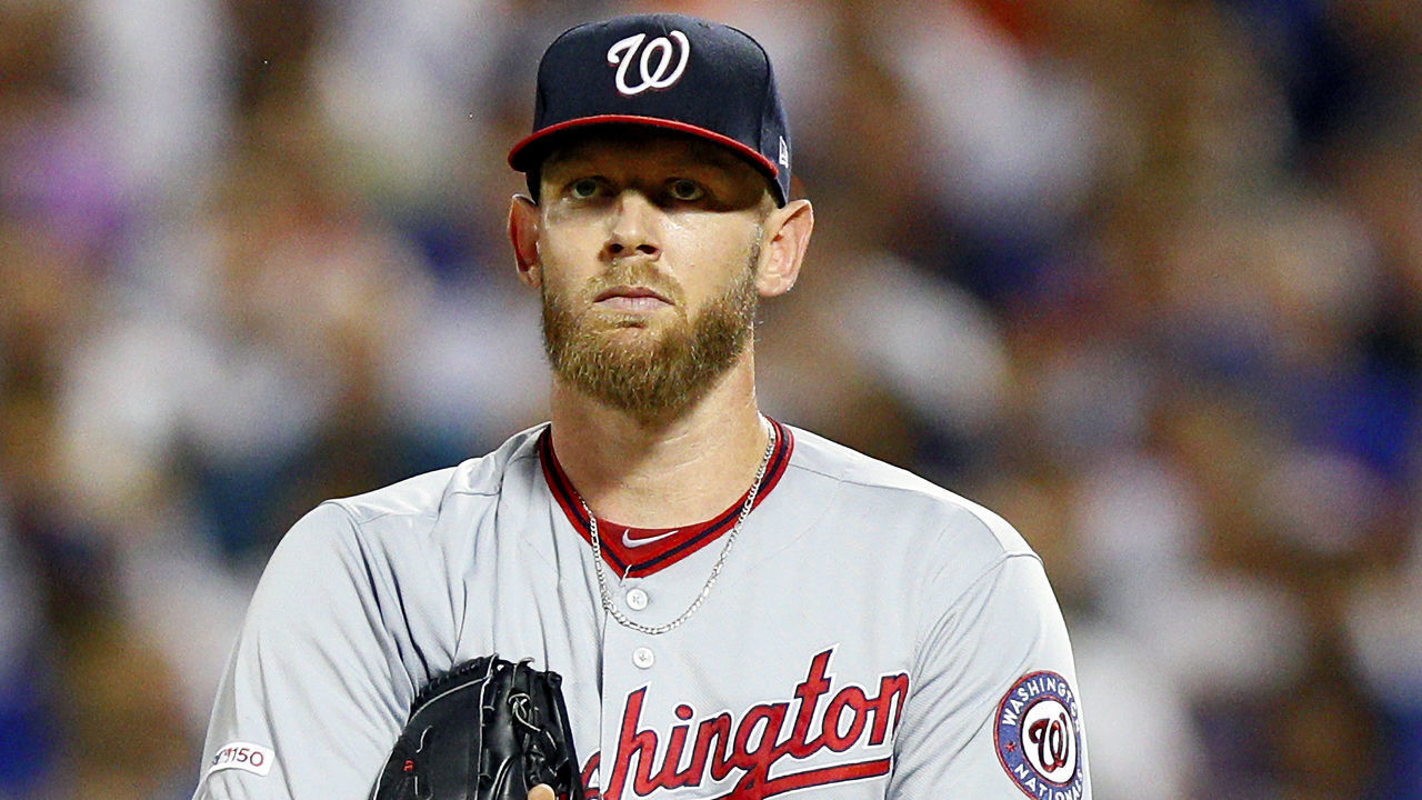 NEW YORK, NY - AUGUST 09: Pitcher Stephen Strasburg #37 of the Washington Nationals reacts after Pete Alonso hit a two run home run during the fourth inning in an MLB baseball game against the New York Mets on August 9, 2019 at Citi Field in the Queens borough of New York City. Mets won 7-6.