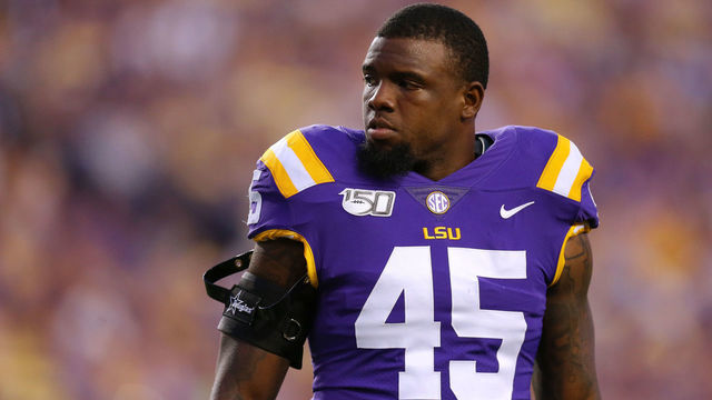 BATON ROUGE, LOUISIANA - SEPTEMBER 14: Michael Divinity Jr. #45 of the LSU Tigers during a game against the Northwestern State Demons at Tiger Stadium on September 14, 2019 in Baton Rouge, Louisiana.