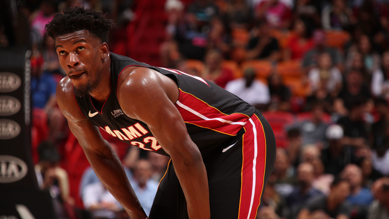 MIAMI, FL - NOVEMBER 3: Jimmy Butler #22 of the Miami Heat looks on during a game against the Houston Rockets on November 3, 2019 at American Airlines Arena in Miami, Florida. Mandatory Copyright Notice: Copyright 2019 NBAE