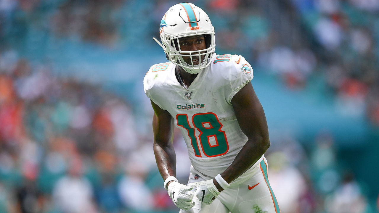 MIAMI, FLORIDA - SEPTEMBER 29: Preston Williams #18 of the Miami Dolphins in action in the second quarter against the Los Angeles Chargers at Hard Rock Stadium on September 29, 2019 in Miami, Florida.