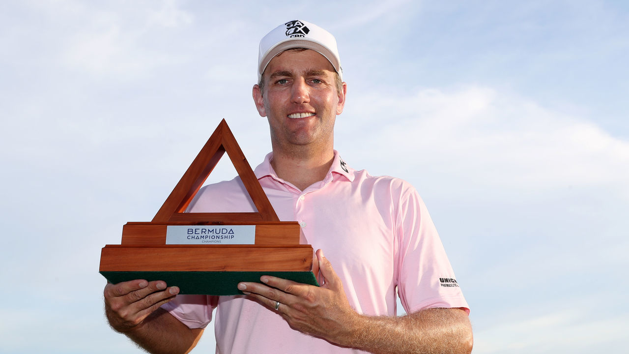 SOUTHAMPTON, BERMUDA - NOVEMBER 03: Brendon Todd of the United States celebrates with the trophy after winning the Bermuda Championship at Port Royal Golf Course on November 03, 2019 in Southampton, Bermuda.
