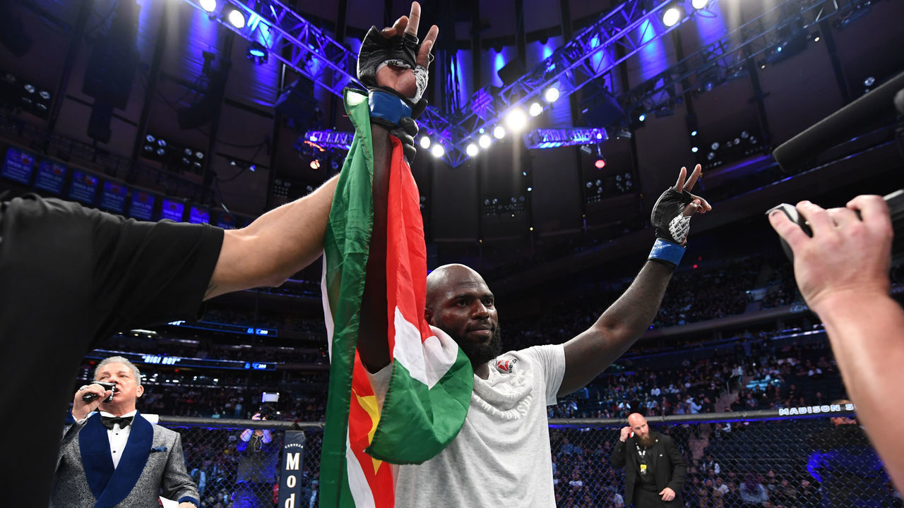 NEW YORK, NEW YORK - NOVEMBER 02: Jairzinho Rozenstruik of Suriname celebrates his KO victory over Andrei Arlovski in their heavyweight bout during the UFC 244 event at Madison Square Garden on November 02, 2019 in New York City.