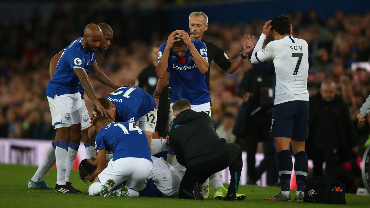 LIVERPOOL, ENGLAND - NOVEMBER 03: Son Heung-min of Tottenham Hotspur looks on in horror after a tackle on Andre Gomes of Everton which resulted in a red card and Gomes suffering an injury during the Premier League match between Everton FC and Tottenham Hotspur at Goodison Park on November 3, 2019 in Liverpool, United Kingdom.