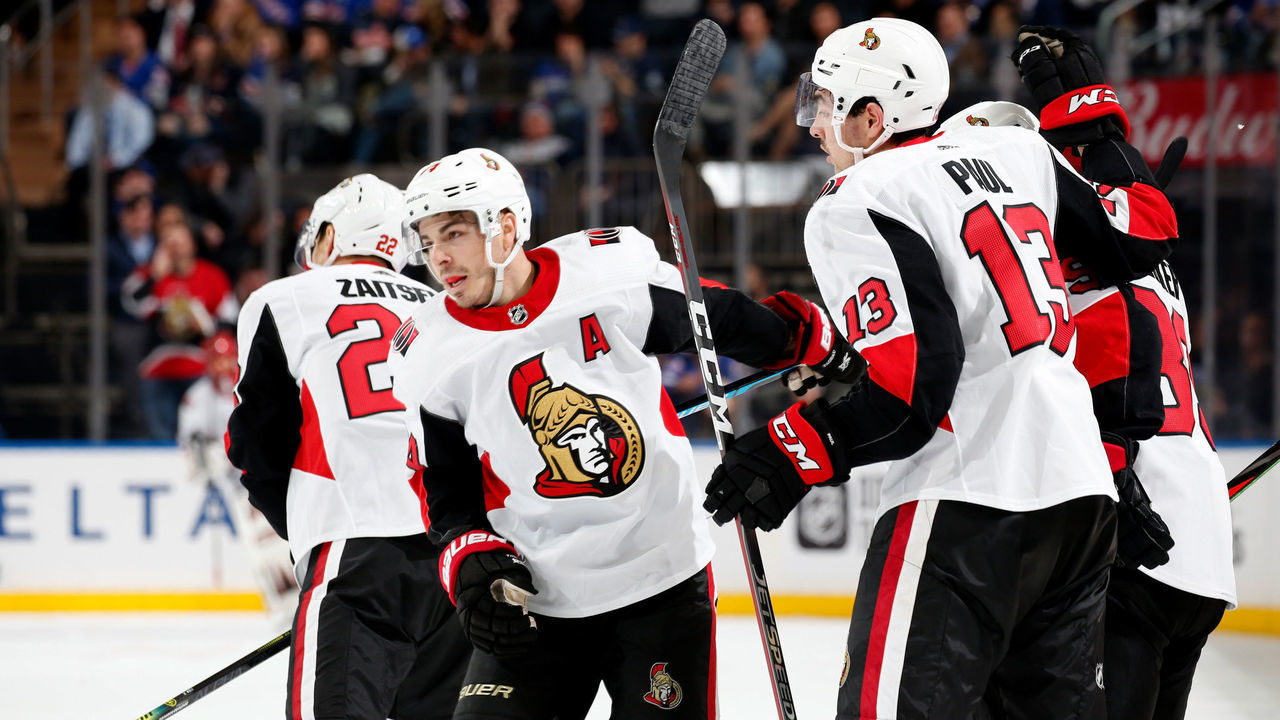 NEW YORK, NY - NOVEMBER 04: Jean-Gabriel Pageau #44 of the Ottawa Senators celebrates with teammates after scoring a goal in the second period against the New York Rangers at Madison Square Garden on November 4, 2019 in New York City.