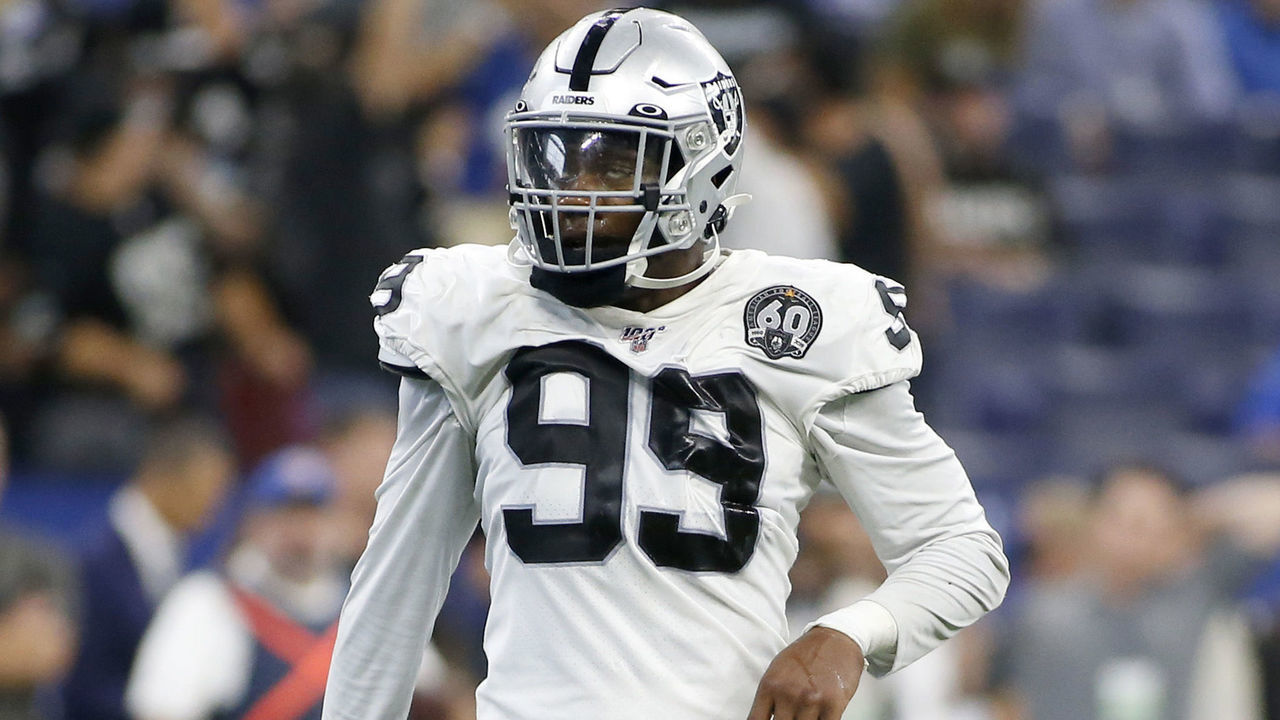 INDIANAPOLIS, INDIANA - SEPTEMBER 29: Arden Key #99 of the Oakland Raiders on the field during game against the Indianapolis Colts at Lucas Oil Stadium on September 29, 2019 in Indianapolis, Indiana.