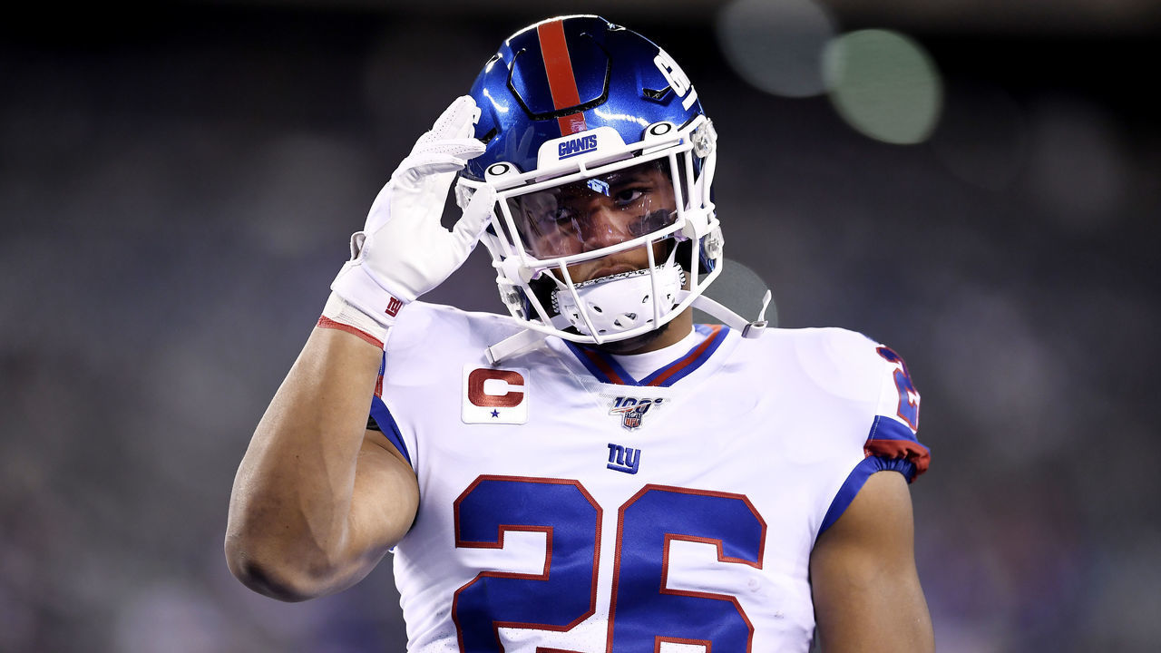 EAST RUTHERFORD, NEW JERSEY - NOVEMBER 04: Saquon Barkley #26 of the New York Giants looks on during warmups against the Dallas Cowboys at MetLife Stadium on November 04, 2019 in East Rutherford, New Jersey.
