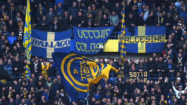VERONA, ITALY - NOVEMBER 03: Hellas Verona fans during the Serie A match between Hellas Verona and Brescia Calcio at Stadio Marcantonio Bentegodi on November 3, 2019 in Verona, Italy.