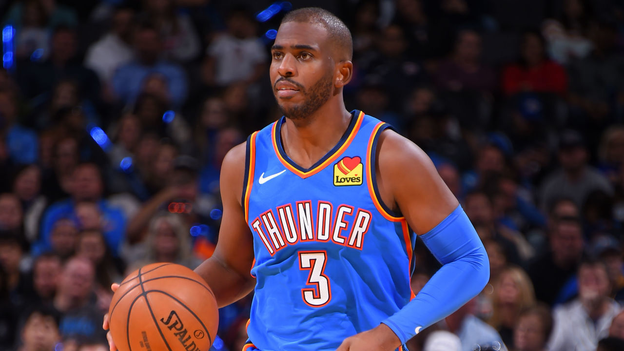OKLAHOMA CITY, OK- NOVEMBER 2: Chris Paul #3 of the Oklahoma City Thunder handles the ball against the New Orleans Pelicans on November 2, 2019 at Chesapeake Energy Arena in Oklahoma City, Oklahoma. Mandatory Copyright Notice: Copyright 2019 NBAE