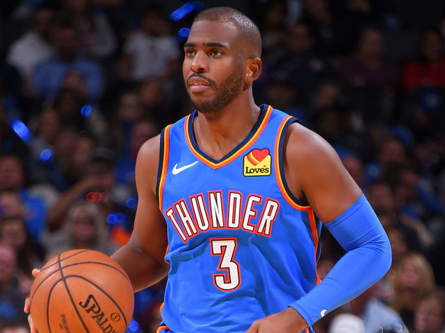OKLAHOMA CITY, OK- NOVEMBER 2: Chris Paul #3 of the Oklahoma City Thunder handles the ball against the New Orleans Pelicans on November 2, 2019 at Chesapeake Energy Arena in Oklahoma City, Oklahoma. Mandatory Copyright Notice: Copyright 2019 NBAE