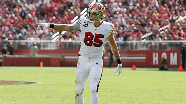 SANTA CLARA, CALIFORNIA - OCTOBER 27: George Kittle #85 of the San Francisco 49ers lines up for a play in the second quarter against the Carolina Panthers at Levi's Stadium on October 27, 2019 in Santa Clara, California.