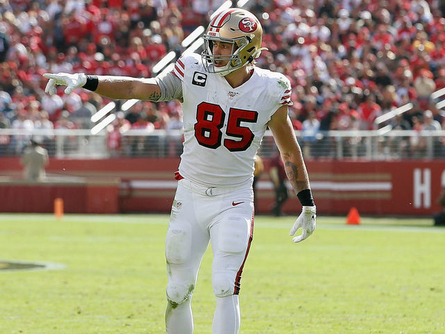 SANTA CLARA, CALIFORNIA - OCTOBER 27: George Kittle #85 of the San Francisco 49ers lines up for a play in the second quarter against the Carolina Panthers at Levi's Stadium on October 27, 2019 in Santa Clara, California.
