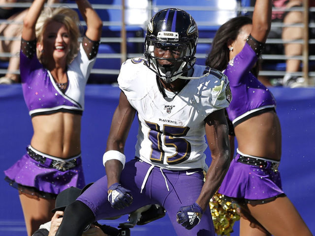 BALTIMORE, MARYLAND - SEPTEMBER 15: Wide Receiver Marquise Brown #15 of the Baltimore Ravens reacts after a play against the Arizona Cardinals during the second half at M&T Bank Stadium on September 15, 2019 in Baltimore, Maryland.