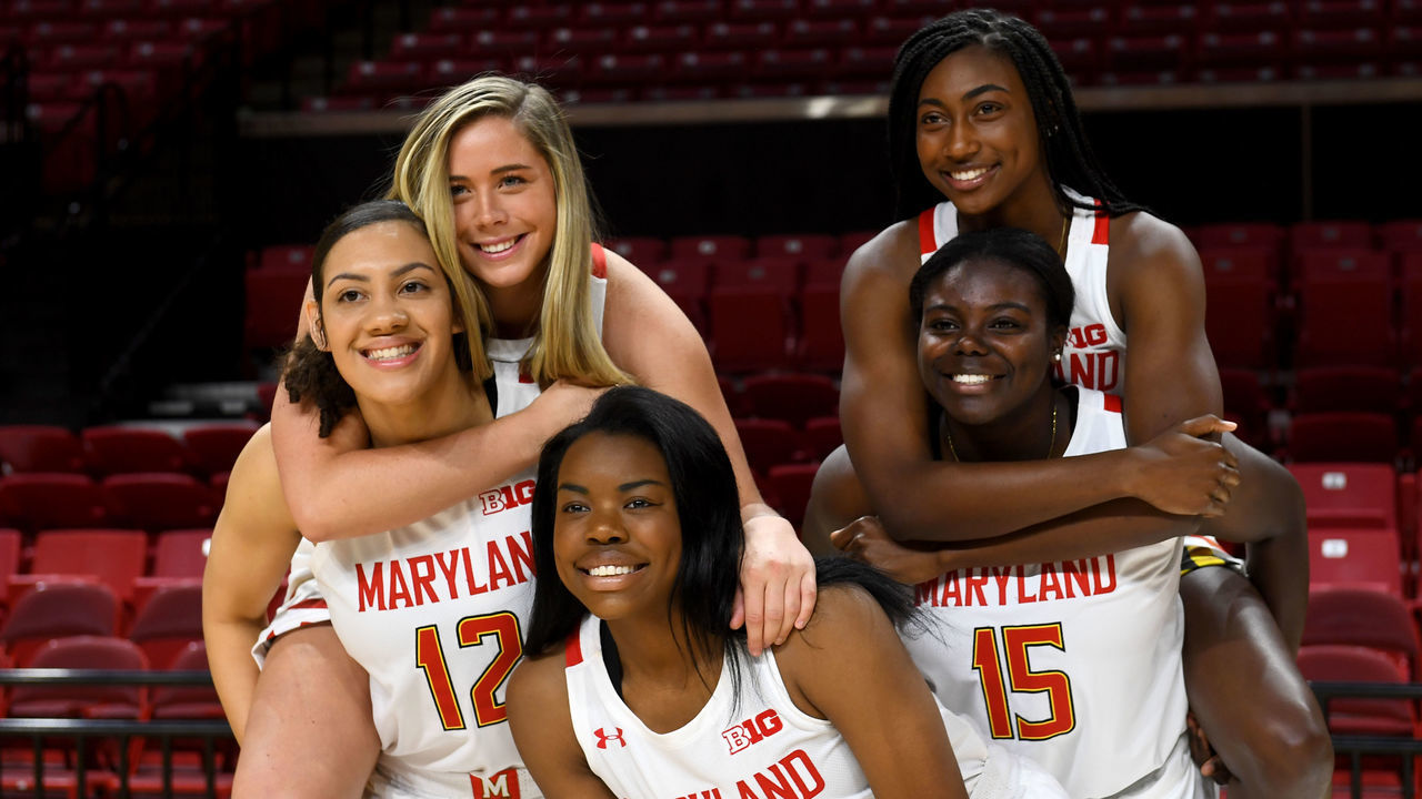 COLLEGE PARK, MD - OCTOBER 17: A new crop of players from left, Maryland Terrapins Mimi Collins (12), Faith Masonius (13), Zoe Young (2), Ashley Owusu (15) and Diamond Miller (14) pose together during Maryland women's basketball Media Day at Xfinity Center October 17, 2019 in College Park, MD.