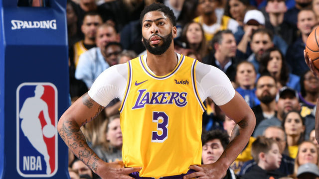 DALLAS, TX - NOVEMBER 1: Anthony Davis #3 of the Los Angeles Lakers looks on during the game against the Dallas Mavericks on November 1, 2019 at the American Airlines Center in Dallas, Texas. Mandatory Copyright Notice: Copyright 2019 NBAE