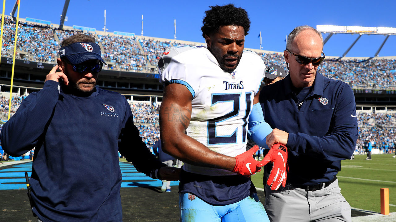 CHARLOTTE, NORTH CAROLINA - NOVEMBER 03: Malcolm Butler #21 of the Tennessee Titans is taken off the field after an injury against the Carolina Panthers during their game at Bank of America Stadium on November 03, 2019 in Charlotte, North Carolina.